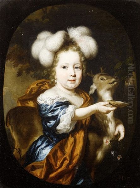 Portrait Of A Young Girl, Three-quarter-length, In A Blue Silk Dress And Russet Shawl, Her Arm Around A Young Deer, Holding A Sprig Of Flowers And A Shell Before A Fountain, Within A Painted Oval - view 1