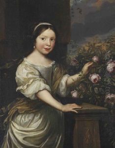 Portrait Of A Girl, Three-quarter-length, In A White Dress And Shawl, Standing By A Stone Balustrade, Plucking Roses From A Bush