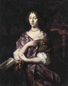 A Vanitas Portrait Of A Lady In A Gold Dress And Purple Wrap, Her Elbow Resting On A Skull, With An Hour-glass And An Open Book, In A Landscape