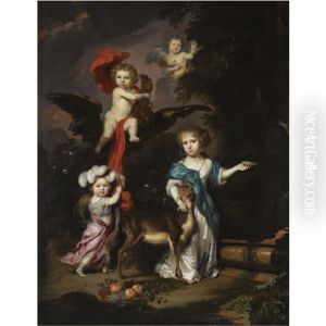 Pastoral Family Portrait Of Four Children, Personifying Mythological Figures, Including Ganymede, And Diana With A Deer, All In A Landscape