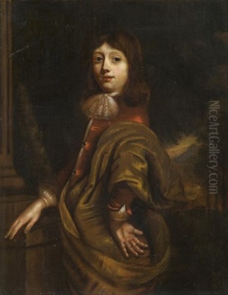 Portrait De Jeune Garcon Appuye A Une Colonne Devant Un Paysage - view 1