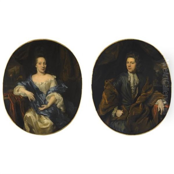 Portraits Of A Lady And Gentleman, Seated Beside A Table, The Former Wearing An Ivory Dress With A Blue Mantle, The Latter A Green Jacket With An Ochre Mantel, Before A Draped Embroidered Curtain, A Landscape View Beyond (pair) - view 1