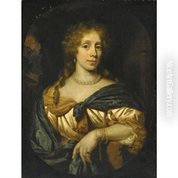 Portrait Of A Lady, Wearing A White And Yellow Satin Dress With A Blue Shawl And Pearl Jewellery - view 1
