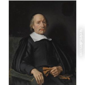 Portrait Of A Man, Seated, Wearing A Black Robe With A White Flat Collar, Holding A Pair Of Gloves