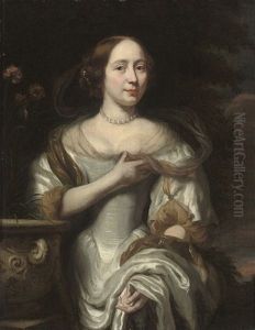 Portrait Of A Lady, Three-quarter-length, In An Oyster Satin Dress, By An Urn With Carnations, In A Landscape