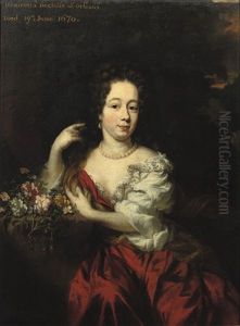 Portrait Of A Lady, In A Red Dress And White Chemise, Flowers By Her Side (henrietta Maria Of Orleans?) by Nicolaes Maes