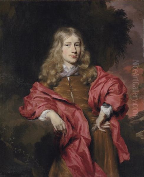 Portrait Of Gentlemen In A Brown Tunic With A Red Cloak In A Wooded Landscape, At Sunset - view 1
