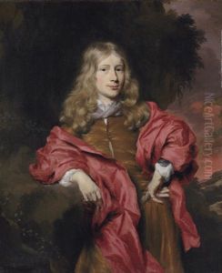 Portrait Of Gentlemen In A Brown Tunic With A Red Cloak In A Wooded Landscape, At Sunset by Nicolaes Maes
