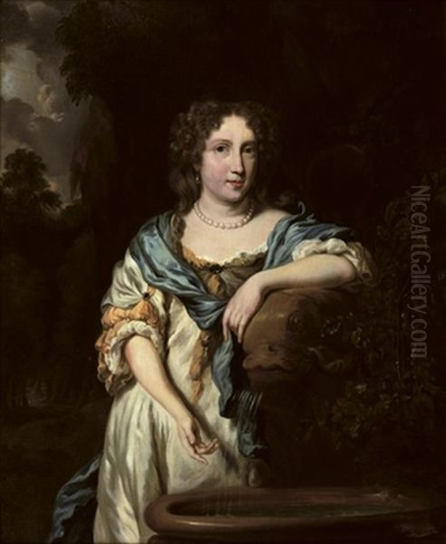 Portrait Of An Elegant Lady In A White Satin Dress - view 1