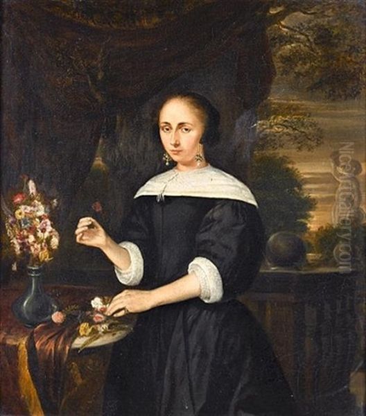 Portrait Of A Lady, Small Three-quarter-length, In A Black Dress With White Collar And Cuffs, Arranging Flowers At A Draped Ledge, On A Balcony - view 1