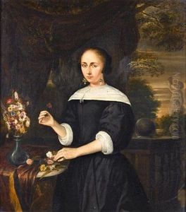Portrait Of A Lady, Small Three-quarter-length, In A Black Dress With White Collar And Cuffs, Arranging Flowers At A Draped Ledge, On A Balcony by Nicolaes Maes