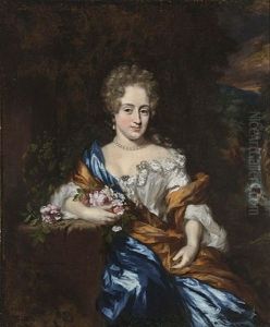 A Portrait Of A Lady, Wearing A Blue And White Dress With An Orange Shawl, Holding Flowers In Her Arm Near A Fountain, A Waterfall Beyond by Nicolaes Maes