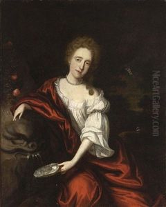 An Elegant Lady Near A Fountain Wearing A White Blouse, Red Satin Shawl And A Pearl Necklace An Elegant Lady Near A Fountain Wearing A White Blouse, Red Satin Shawl And A Pearl Necklace