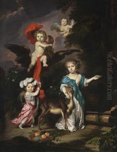 A Pastoral Family Portrait Of Four Children, Personifying Mythological Figures Including Ganymede And Diana With A Deer, All In A Landscape Setting