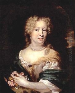 A Portrait Of A Lady Wearing A White Satin Dress With A Green And Yellow Shawl, Pearl Necklace And Earrings And Holding Flowers In Her Left Hand, In A Park Landscape A Portrait Of A Lady Wearing A White Satin Dress With A Green And Yellow Shawl, Pearl Necklace And Earrings And Holding Flowers In Her Left Hand, In A Park Landscape