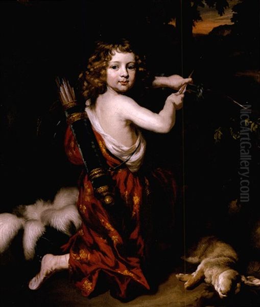 Portrait Of A Young Boy In Classical Costume, Holding A Bow And Arrow, With A Rabbit, In A Woodland Setting - view 1
