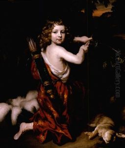 Portrait Of A Young Boy In Classical Costume, Holding A Bow And Arrow, With A Rabbit, In A Woodland Setting