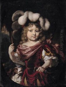 Portrait Of A Young Boy Wearing Classical Costume, Holding A Bow And Arrow, Accompanied By A Spaniel