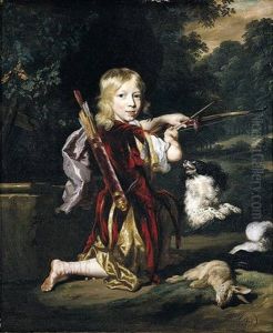 Portrait Of A Young Man Wearing A Red Tunic And Holding A Bow And Arrow, With A Spaniel And A Hare