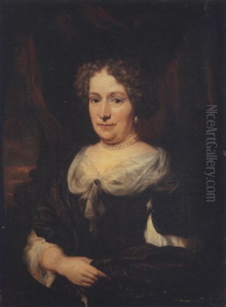 Portrait Of A Lady In A Black Dress With A White Collar And Black Scarf, A Pearl Necklace And Drop Earrings - view 1
