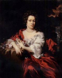 Portrait Of A Lady, In A White Chemise With A Red Wrap, Leaning Against A Stone Pedestal Holding Flowers, A Landscape With A Waterfall Beyond