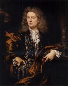 Portrait Of A Gentleman, In A Blue And Gold Gown With A Brown Silk Wrap, Leaning Against A Column, A Landscape With A Rock Beyond
