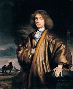 Portrait Of A Gentleman Standing Beside A Column, A Landscape With A Tethered Horse Beyond