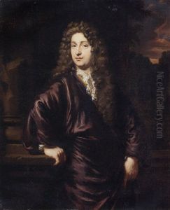 Portrait Of A Man In A Purple Coat With A Lace Cravat, His Right Hand Resting On A Plinth, An Evening Landscape Beyond