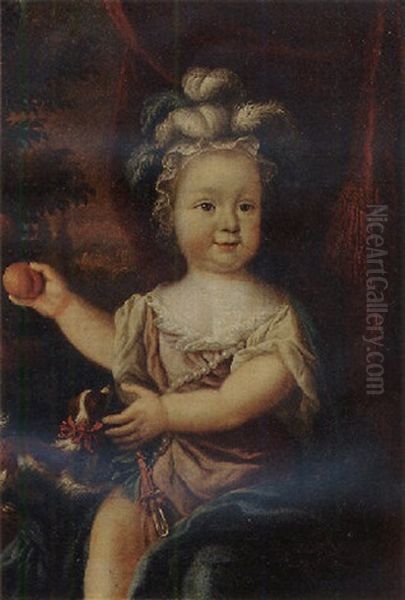 Portrait Of A Young Girl Wearing A Pink Dress With Lace Chemise, Blue Wrap And Feathered Hat, Holding An Orange, Her Pet Dog Nearby - view 1