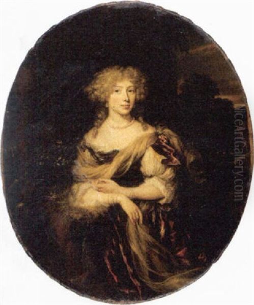 Portrait Of A Lady In A Red Dress And Wearing A String Of Pearls, A Landscape Beyond - view 1