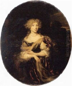 Portrait Of A Lady In A Red Dress And Wearing A String Of Pearls, A Landscape Beyond by Nicolaes Maes