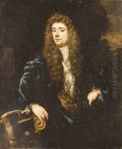 Portrait Of A Gentleman In A Blue Jacket And A Gold-embroidered Waistcoat, His Hand Resting On A Ruined Capital, A Landscape Beyond