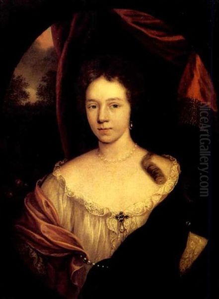 Portrait Of A Lady Wearing A White Dress, A Red And Blue Silk Shawl With Pearl Decoration, A Garden With A Classical Fountain Beyond - view 1