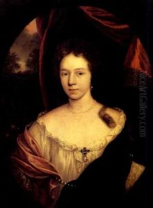 Portrait Of A Lady Wearing A White Dress, A Red And Blue Silk Shawl With Pearl Decoration, A Garden With A Classical Fountain Beyond