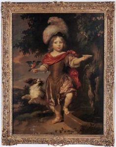 Portrait Of A Boy Wearing Classical Dress Ans Plumed Hat, A Dog By His Side