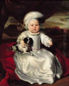 Portrait Of A Baby Boy Seated On A Cushion By A Draped Curtain, Wearing A White Satin Dress And Feathered Hat, A Pet Dog On His Lap, A Landscape Beyond by Nicolaes Maes