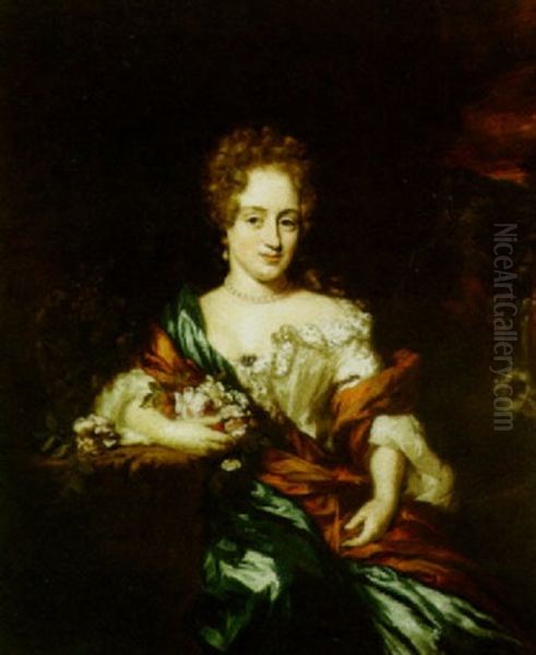 A Portrait Of A Lady, Wearing A Blue And White Dress With An Orange Shawl, Holding Flowers In Her Arm - view 1