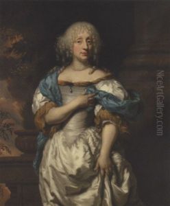 Portrait Of A Lady, In A White Dress And A Blue Shawl, On A Terrace, A Wooded Landscape Beyond