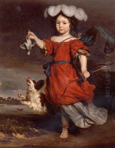 Portrait Of A Young Boy In Classical Costume Holding A Thrush In One Hand And A Bow Nad Arrow In The Other, With A Spaniel by Nicolaes Maes