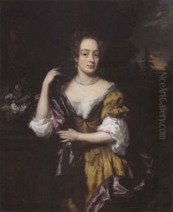 Portrait Of A Lady In A Brown Dress And A Purplr Mantle, Beside A Pedestal In A Landscape