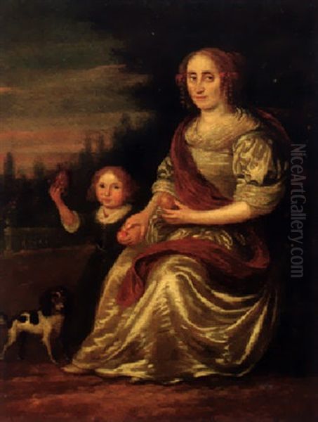 Portrait Of A Lady In A White Dress And A Red Wrap, With Her Son And A Spaniel At Her Side, Seated In A Landscape - view 1