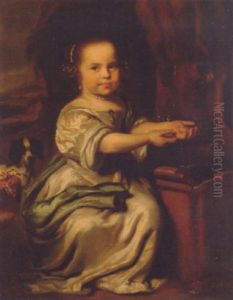 Portrait Of A Young Girl In A White Dress, With A Spaniel By A Fountain by Nicolaes Maes