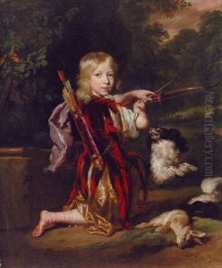 Portrait Of A Youth In Classical Style Costume, Drawing A Bow, A Dead Rabbit Beside Him, With A Spaniel, In A Wooded Landscape by Nicolaes Maes