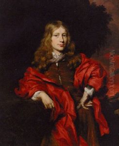 Portrait Of A Gentleman In A Brown Tunic With A Red Cloak In A Wooded Landscape At Sunset by Nicolaes Maes