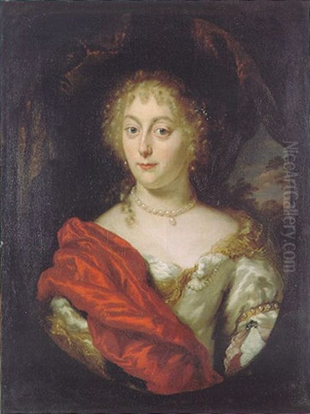 Portrait Of A Lady (a Princess Of The House Of Orange?) Wearing A White Silk Dress, A Red Silk Shawl And Pearl Jewellery - view 1