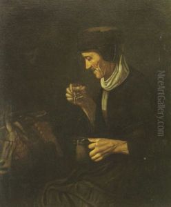 An Old Woman Drinking Soup In An Interior by Nicolaes Maes