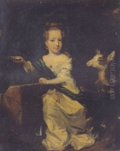 Portrait Of A Young Girl In A Landscape, Her Right Hand Holding A Shell, Her Left Hand Holding Her Pet Goat On A Red Ribbon