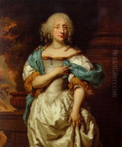 Portrait Of A Lady In A White Dress And A Blue Shawl On A Terrace, A Wooded Landscape Beyond