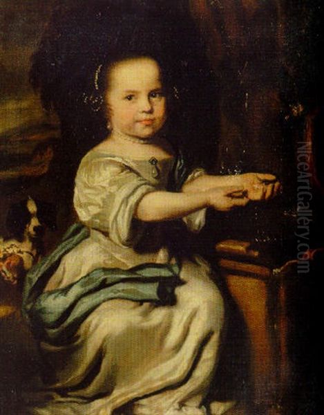 Portrait Of A Young Girl In A White Dress With A Spaniel By A Fountain - view 1