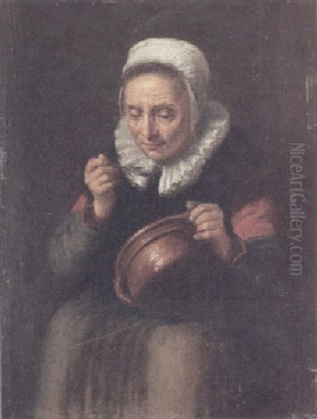 An Old Lady Drinking Soup From A Bowl - view 1